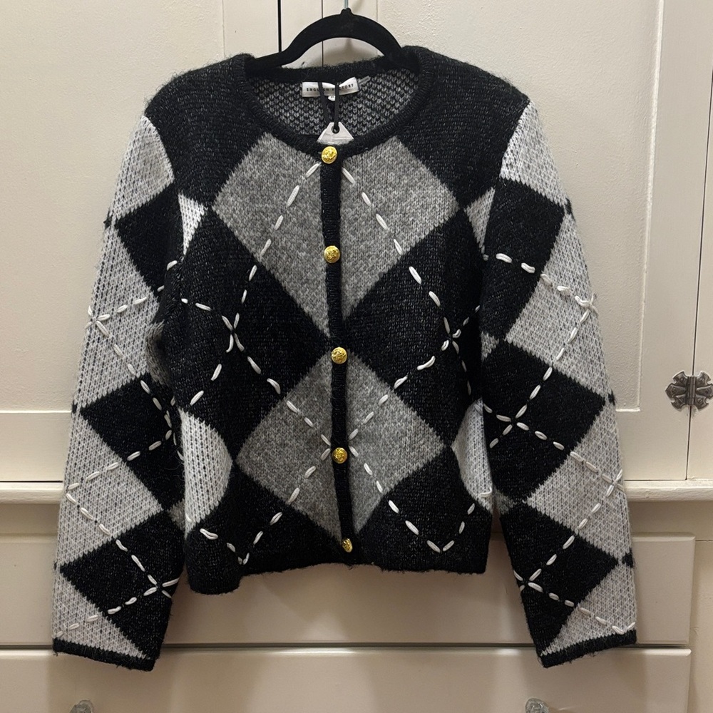 English Factory Black and Gray Argyle Cardigan